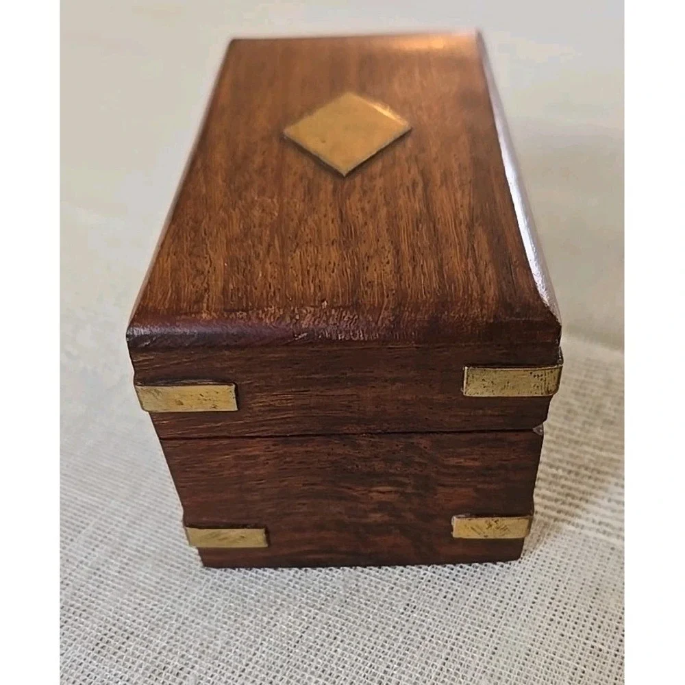 VTG Wooden Token/Keepsake/Trinket Box Hinged W/Brass Details 4